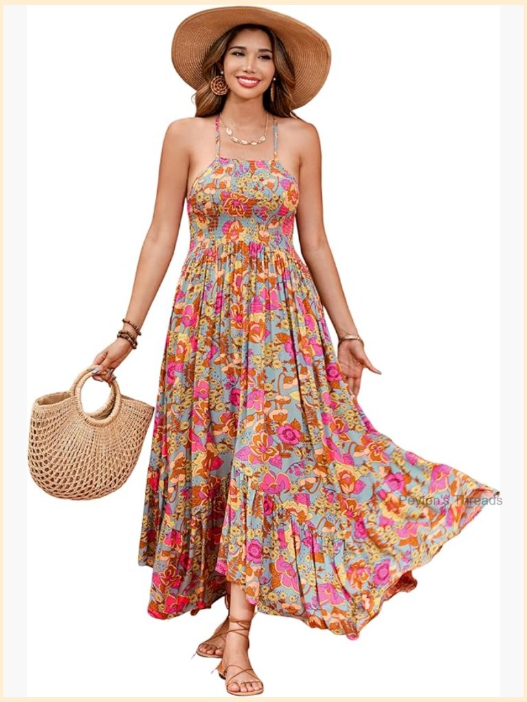 Spaghetti Strap Maxi Dress Flowy Smocked Backless Boho